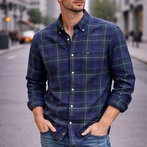 Tommy Hilfiger Navy and Green Plaid Button-Down Shirt